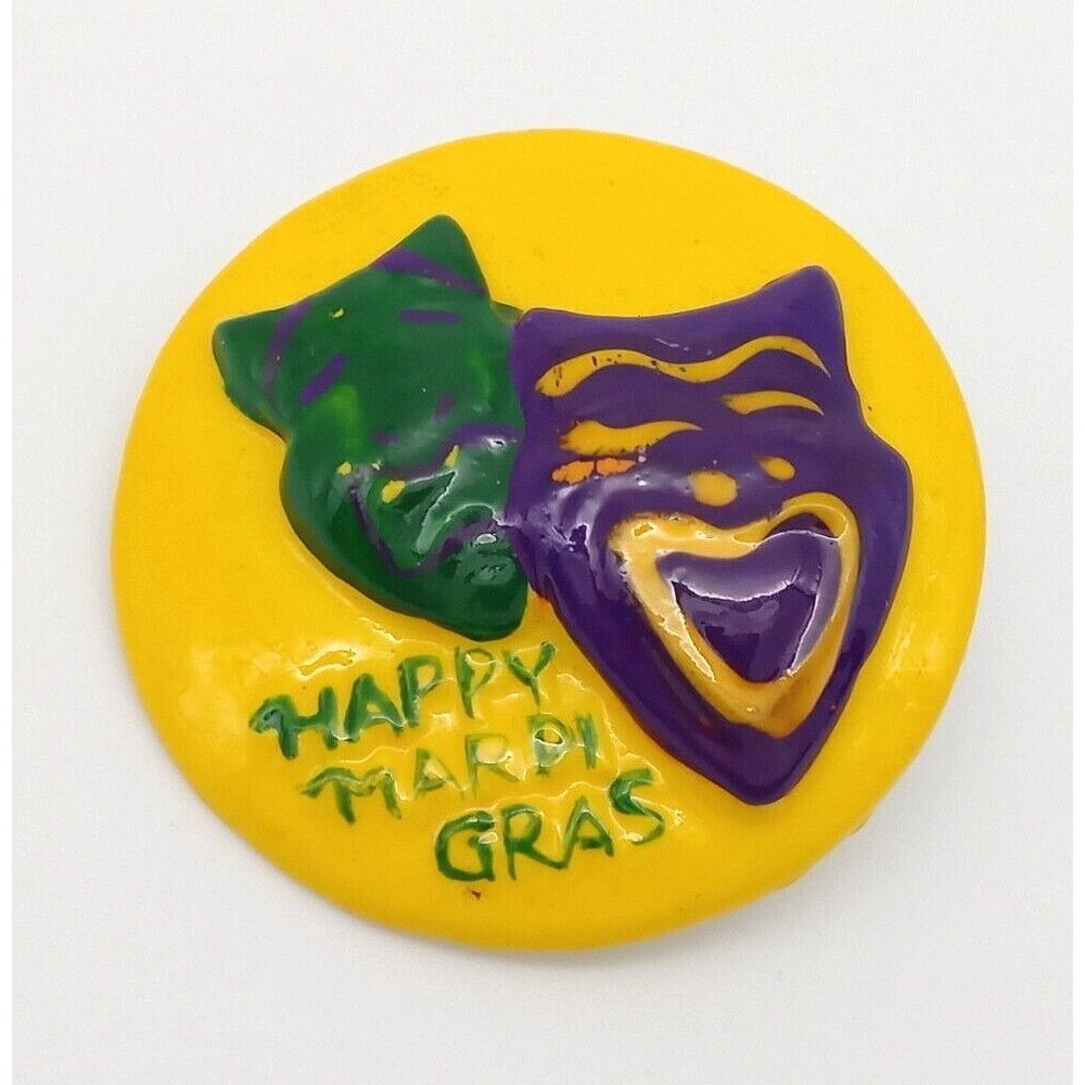Vintage Happy Mardi Gras Mask Brooch Pin Ceramic Yellow Purple Green Handmade